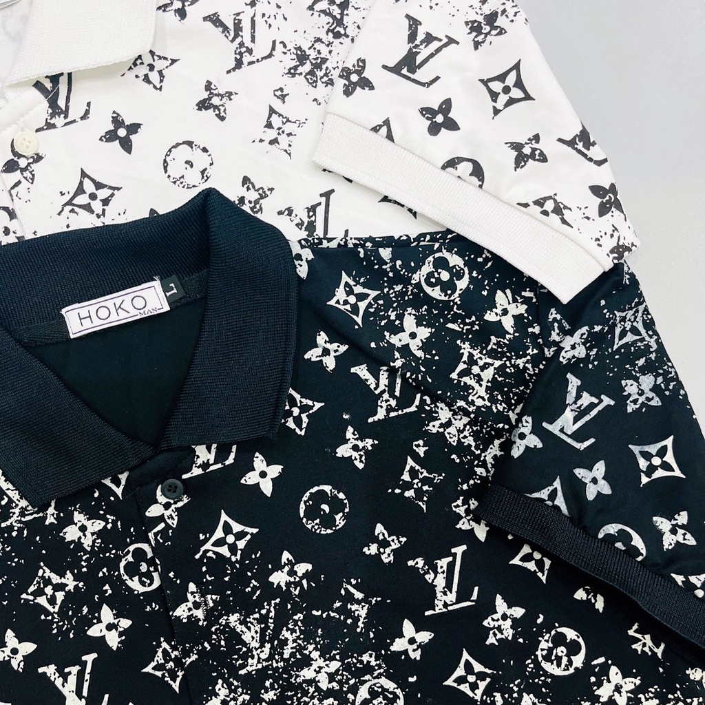 Áo thun nam nữ cổ trụ tay ngắn phối tay cổ bo dệt in họa tiết LV loang, áo chất cotton thoáng hot trend giá tốt