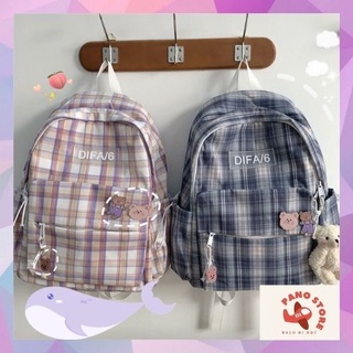 Balo caro đi học nữ, ba lô học sinh cấp  2, cấp sọc caro tem difa B232.