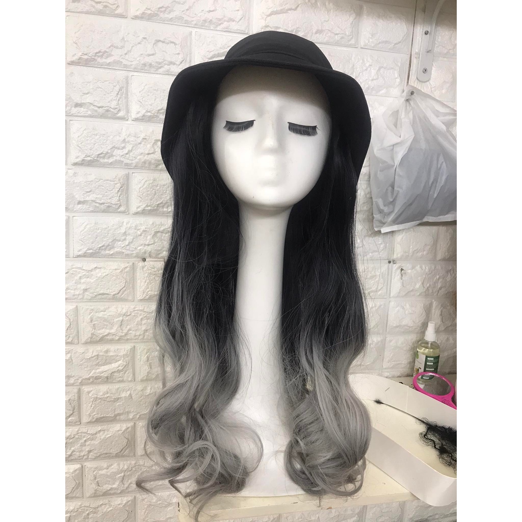 Mũ tóc giả xoăn dài omber xám khói. tóc giả kèm nón