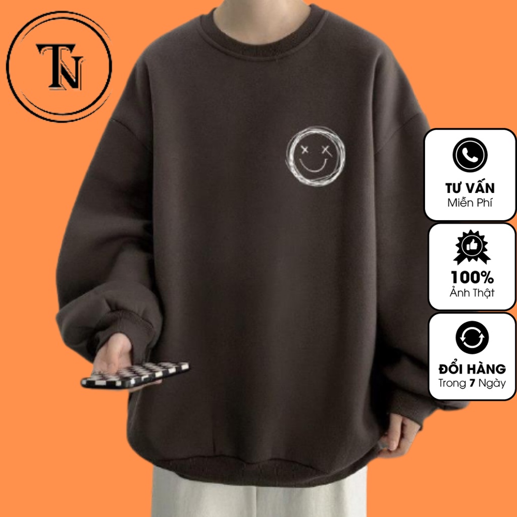 Áo sweater nam TINOWEAR, áo nỉ sweater cổ tròn form rộng bông trơn hình icon mặt cười form rộng Unisex