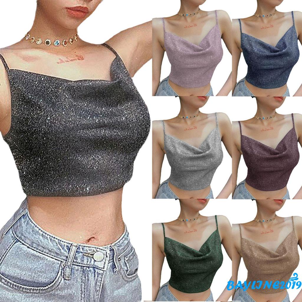 Áo Croptop Hai Dây Cổ Chữ V Khoét Sâu Màu Đen Lấp Lánh Thời Trang Mùa Hè Cho Nữ