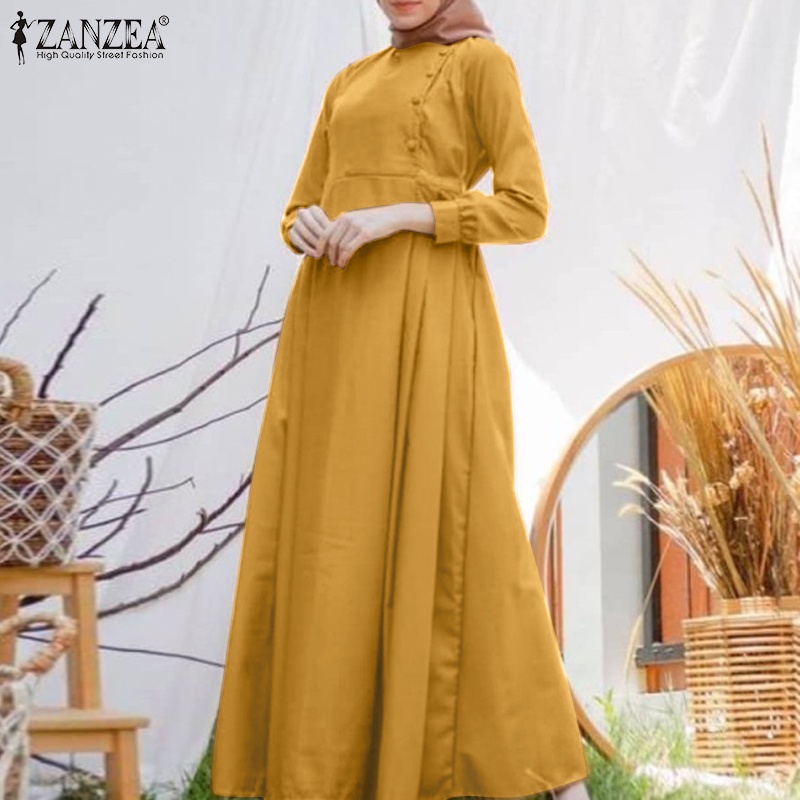 Đầm maxi ZANZEA tay dài cổ tròn có túi phong cách người Hồi giáo cho nữ