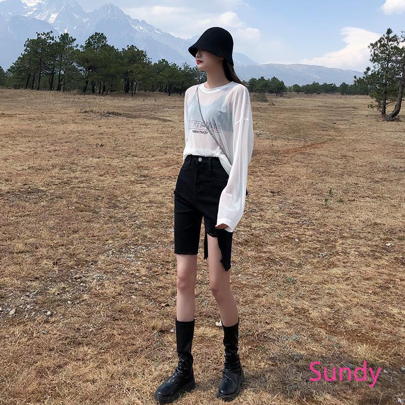 Quần Short Denim Nữ Lưng Cao Xẻ Rách Phong Cách Hàn Quốc