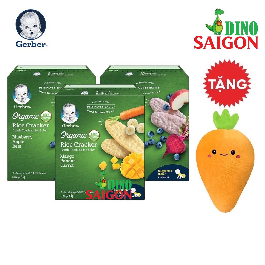 [Tặng 1 Gối Ôm Cà Rốt] Bộ 2 hộp Bánh Gạo Hữu Cơ Gerber Organic Vị Việt Quất Táo Củ Cải Đỏ và 1 hộp Vị Xoài Chuối Cà Rốt