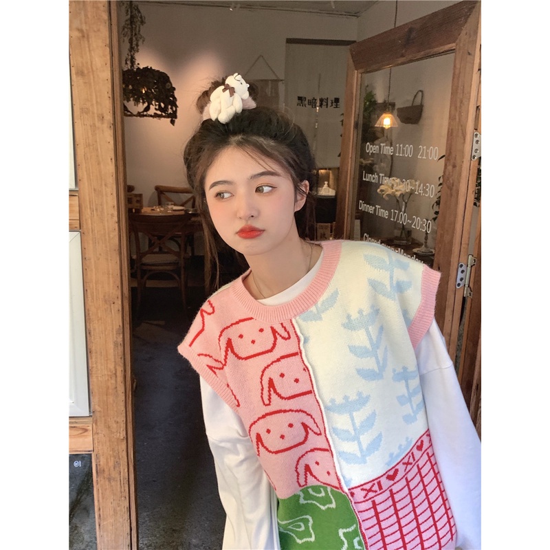 Áo dệt kim sát nách cổ tròn dáng rộng phối màu thời trang Hàn Quốc
 | BigBuy360 - bigbuy360.vn
