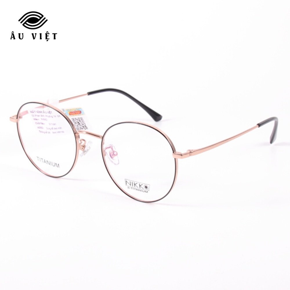 Gọng kính kim loại titanium Nikko 8325 nam nữ unisex dáng tròn màu vàng hồng/viền đen/đen Full box