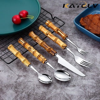 KATELV Bộ Muỗng Nĩa Bằng Thép Không Gỉ Cán Gỗ Tre