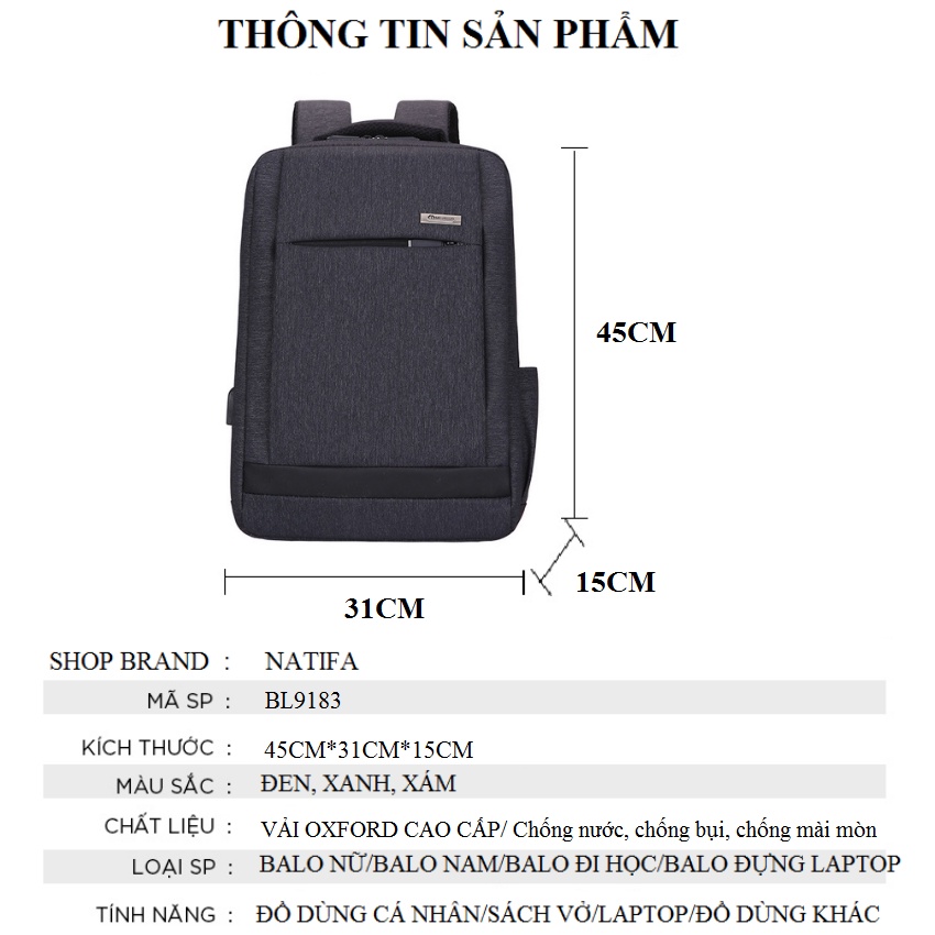 Balo Đi Học Thời Trang Rẻ Bền Đẹp Cổng Sạc USB NATIFA BL9183