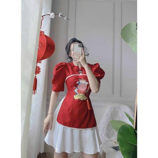 Sét Áo Dài Cách Tân Cổ Tàu Thêu Trâu Vàng Mix Cùng Chân Váy Xòe Phong Cách Dịu Dàng, Đằm Thắm.