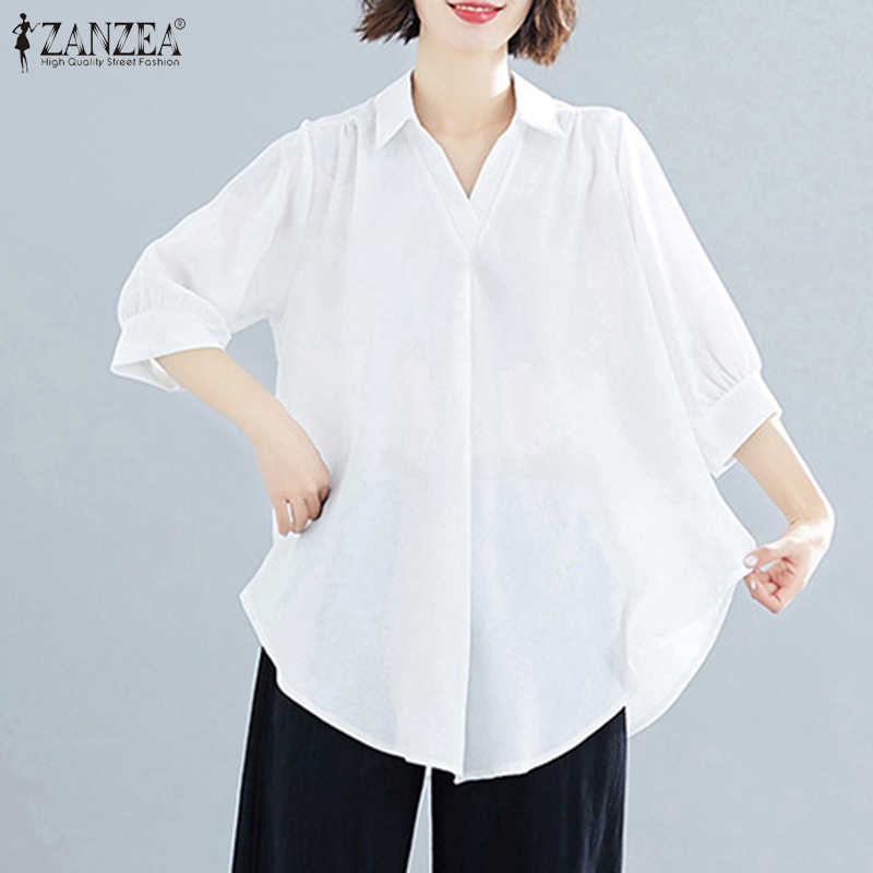 Áo sơ mi Zanzea tay lỡ cổ bẻ dáng rộng màu trơn phong cách Hàn Quốc đơn giản dành cho nữ