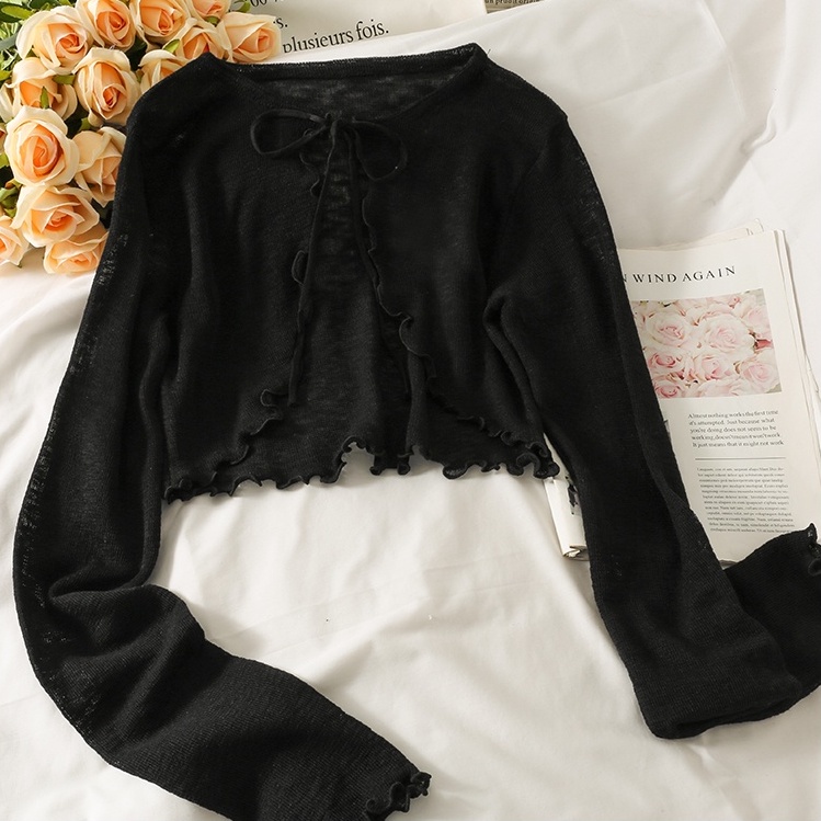 Áo khoác cardigan XIAOZHAINV dệt kim mỏng tay dài thắt nơ kiểu Pháp 6 màu lựa chọn cho nữ