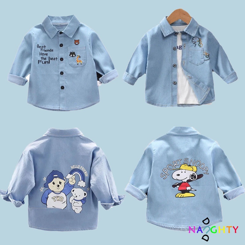 1-7 Tuổi Áo Sơ Mi Denim Tay Dài Họa Tiết Hoạt Hình Dành Cho Bé Trai