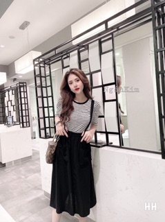 Set áo kẻ + chân váy yếm