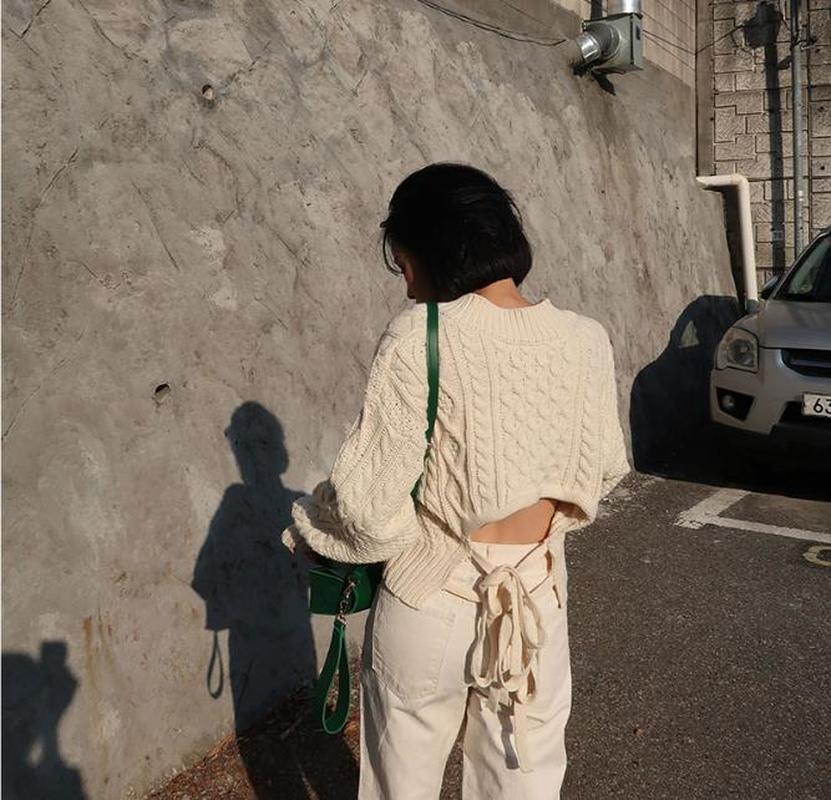 DUNEA COD Áo sweater ngắn phối dây buộc quyến rũ phong cách Hàn Quốc