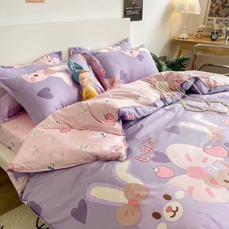 Bộ chăn ga poly nhập khẩu chần bông dày liền ruột-mẫu thỏ Stella tím pastel Decor Home