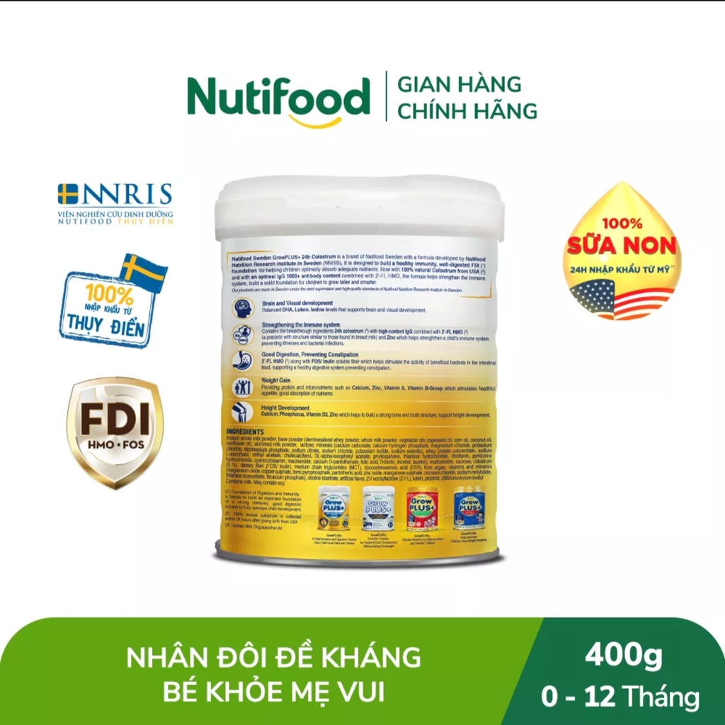 [HSD T10-2025] Sữa Bột Vàng Nutifood GrowPLUS 0+ 400g [Sữa Non].