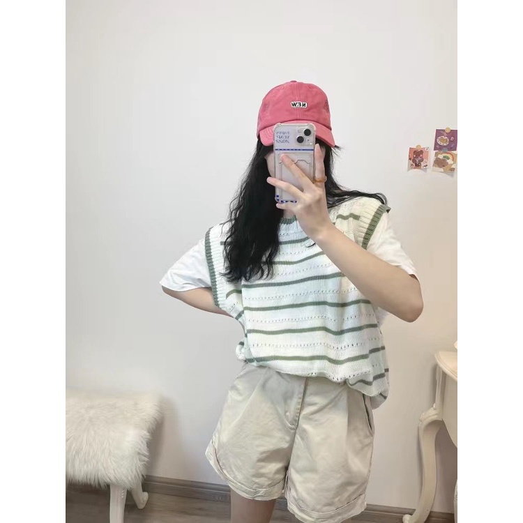 Set Áo Gi Lê Không Tay + Áo Sơ Mi Tay Dài Kẻ Sọc Thời Trang Cho Nữ