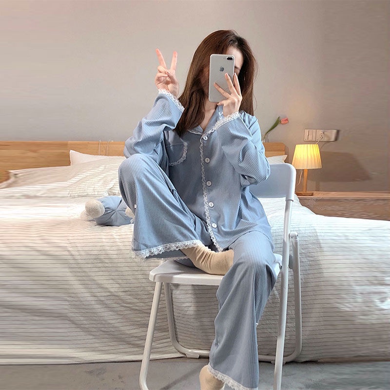 Bộ Đồ Ngủ Tay Dài Phối Ren Và Nơ Phong Cách Hàn Quốc Hàng Mới Dành Cho Nữ | BigBuy360 - bigbuy360.vn