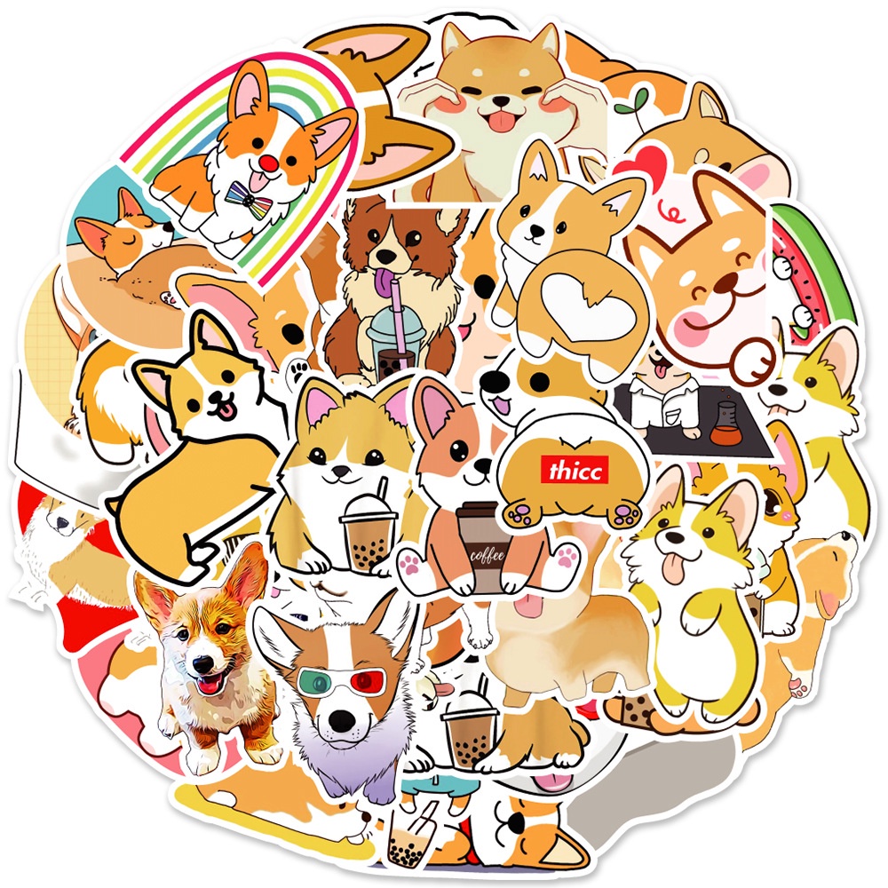 Set 20 sticker hình dán chó Corgi, Yugui, Pudding chống nước dán sổ tay, mũ bảo hiểm, xe máy, bình nước, vali, ván trượ