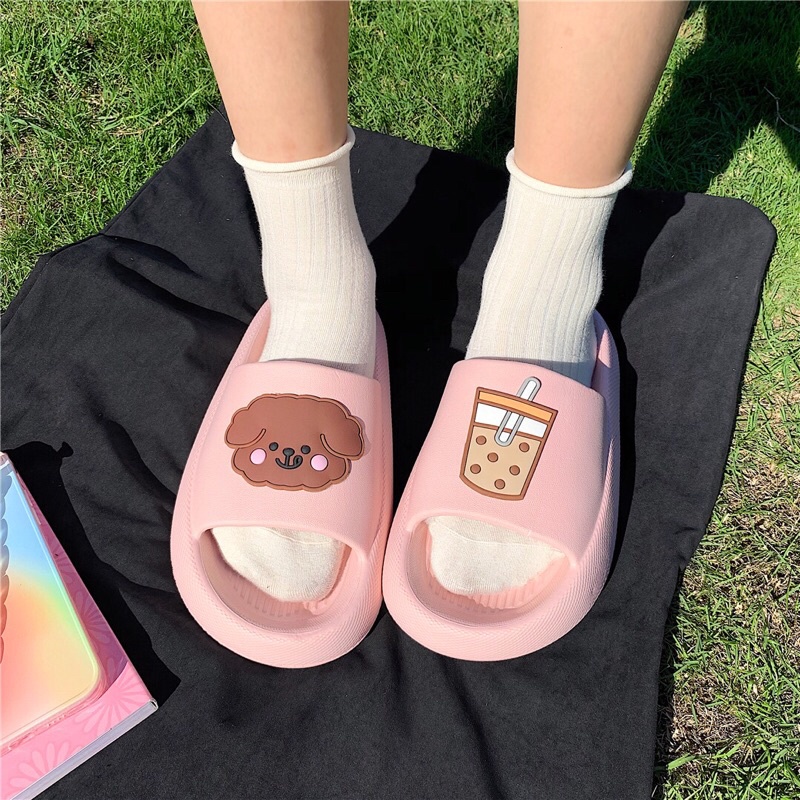 Dép bánh mì hoạt hình gấu và trà sữa dễ thương cho nữ  đế cao chống trơn trượt kèm ảnh thật