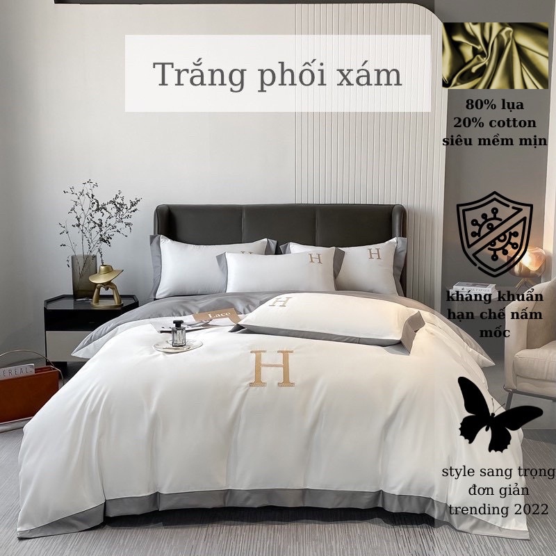 Bộ Chăn Ga Gối Phi Lụa Thêu Chữ "H" Hot Trend 2022 Sang Trọng 10 Tone Màu Siêu Sang