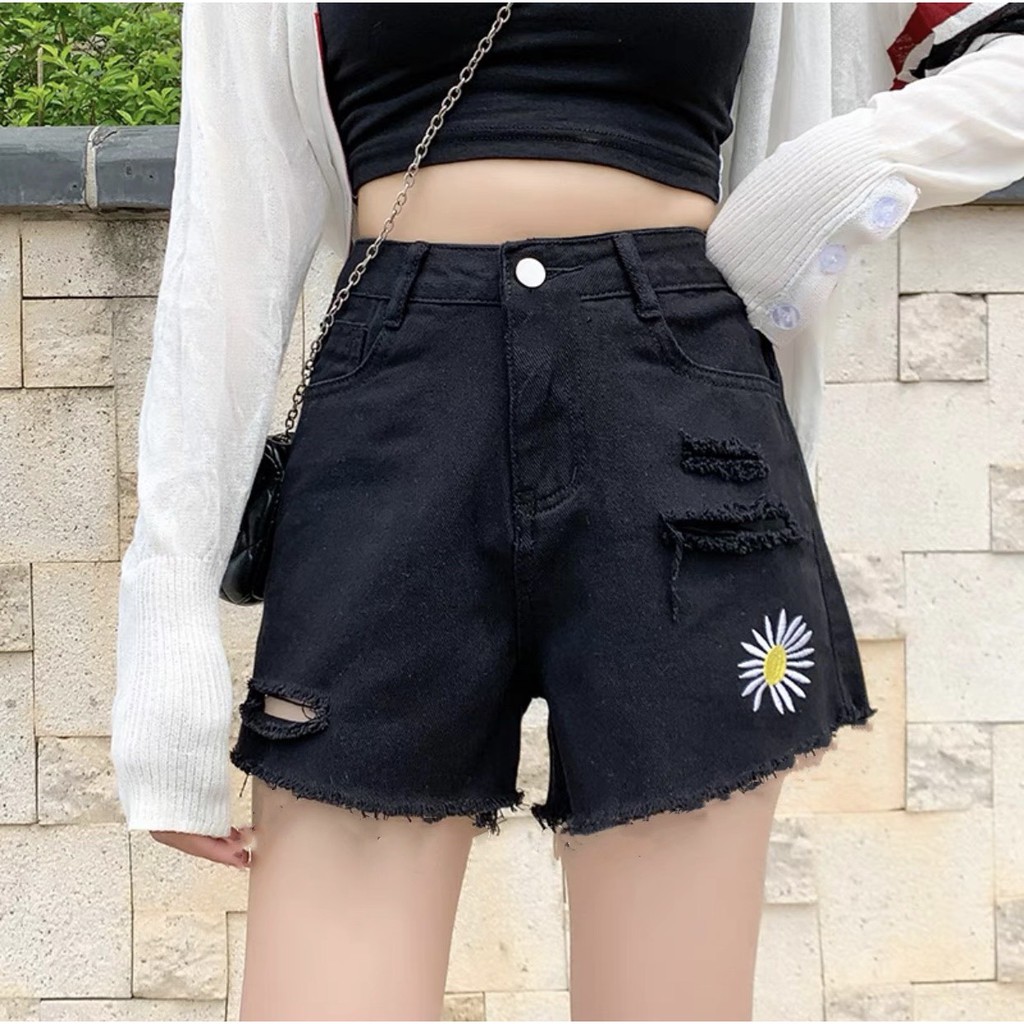 Quần short jean nữ Big Size lưng cao, co dãn mạnh, thêu hoa cúc hot trend 3453