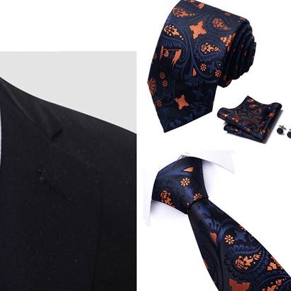 Bộ Cà vạt 4 món gồm Cavat 8cm, khăn cài túi, Măng-set, Nhẫn tròn phụ kiện sang trọng, Cravat chú rể, Calavat công sở