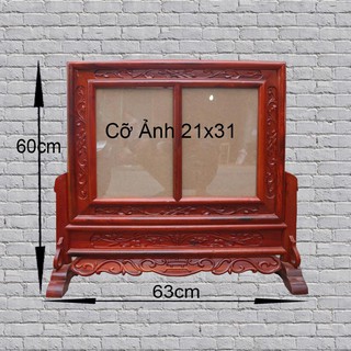 Khung ảnh thờ 21x31 kép đôi đục hoa lá tây nền gỗ hương 2 hình thờ