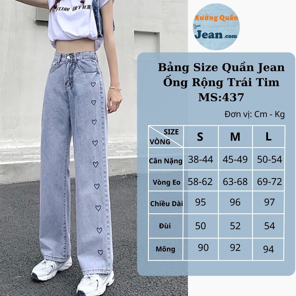Quần Jean Nữ Ống Rộng Chất Bò Kèm Hoạ Tiết TRÁI TIM, Quần Ống Rộng Màu Xanh Form Dài 95Cm 525 437
