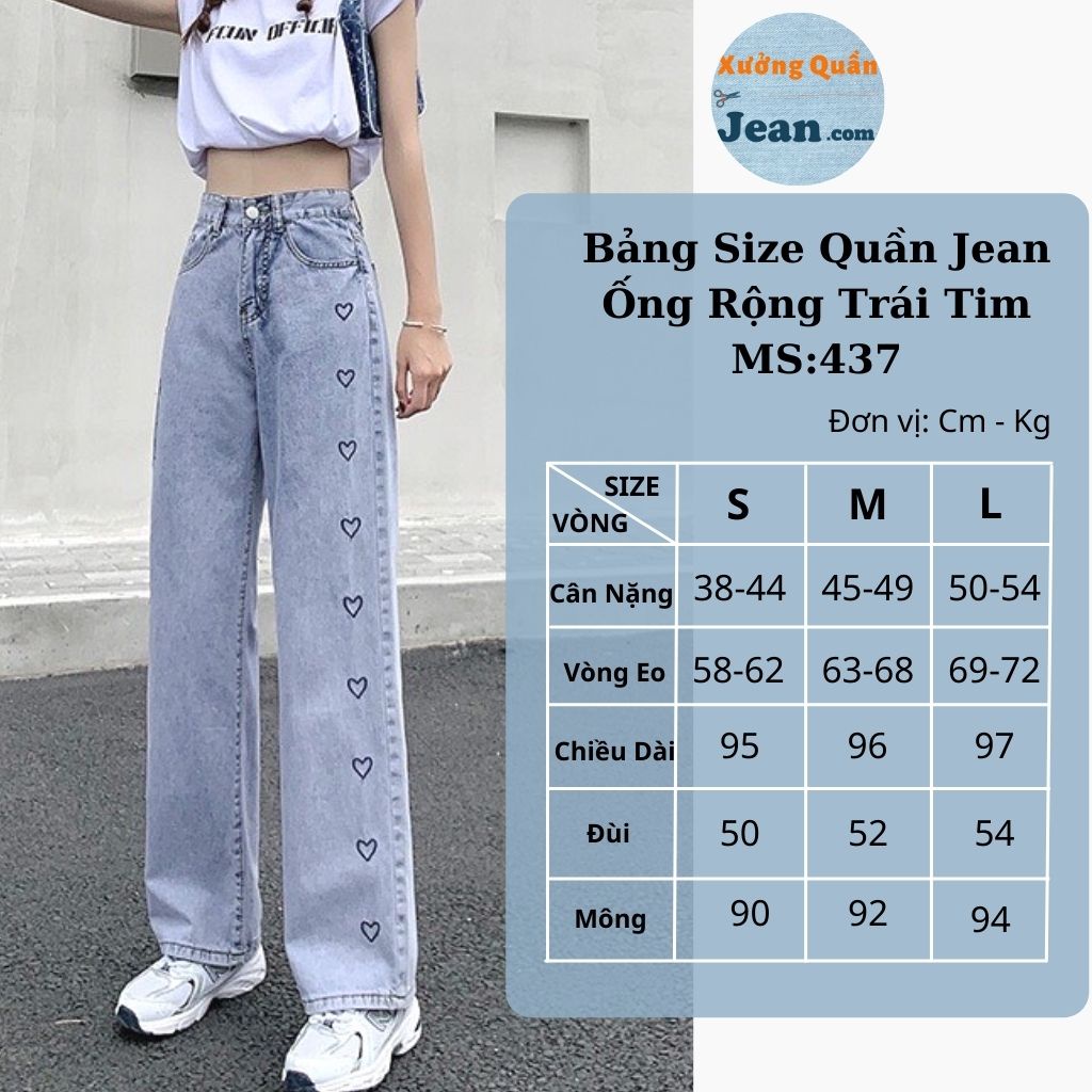 Quần Jean Nữ Ống Rộng Chất Bò Kèm Hoạ Tiết TRÁI TIM, Quần Ống Rộng Màu Xanh Form Dài 95Cm - 437 | WebRaoVat - webraovat.net.vn