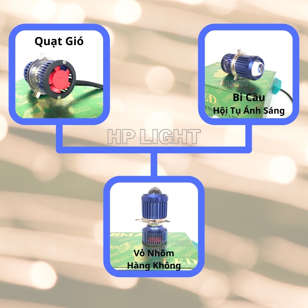 Đèn Led Xe Máy H4 Cos Vàng Pha Trắng  Siêu Sáng Bi Cầu _Led HP LIGHT V4