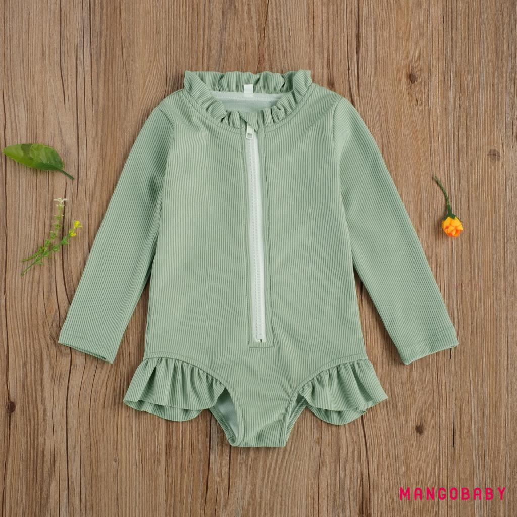 Bộ Đồ Bơi Một Mảnh Tay Dài Màu Trơn Phối Khóa Kéo Xinh Xắn Cho Bé Gái