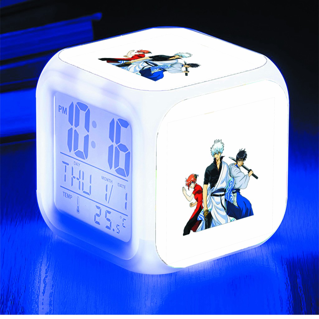 Đồng hồ báo thức để bàn in hình Gintama Linh hồn bạc anime chibi LED đổi màu