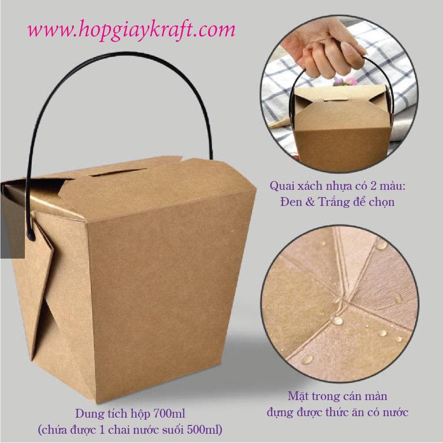 50 cái - Hộp đựng thức ăn nhanh - take away - mì xào đồ ăn có nước nóng giấy kraft = Hộp 18