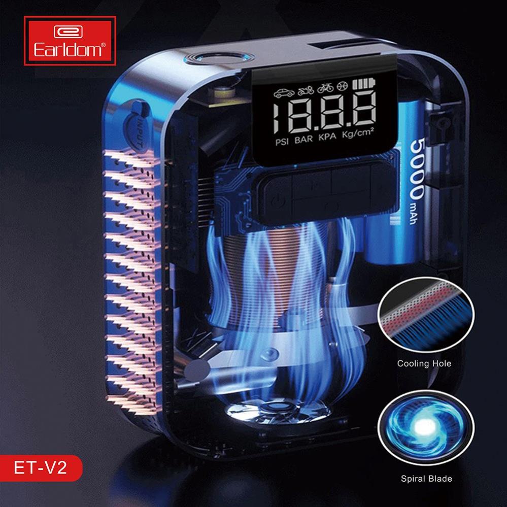 Bơm Di Động Đa Năng 5000mAh Earldom ET-V2  Bơm Ô tô, Xe Máy, Xe Đạp, Bóng - Hàng Chính Hãng