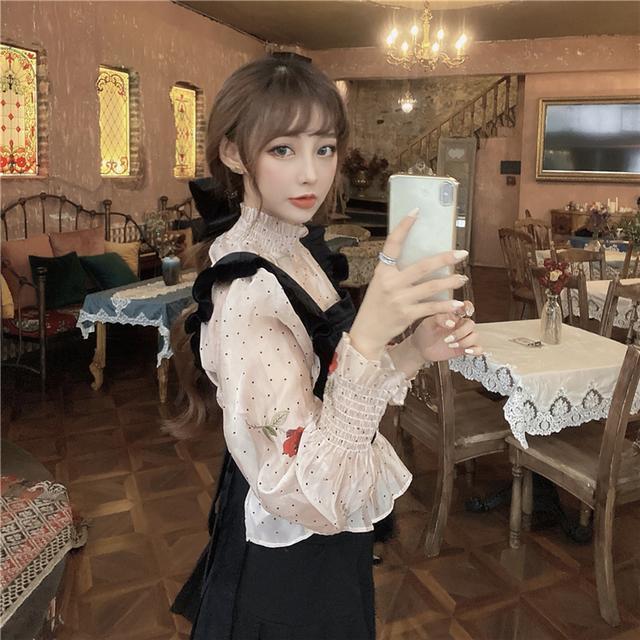 Áo kiểu tay dài họa tiết chấm bi/áo hai dây ôm sáng vừa vặn phong cách Pháp thời trang cho nữ