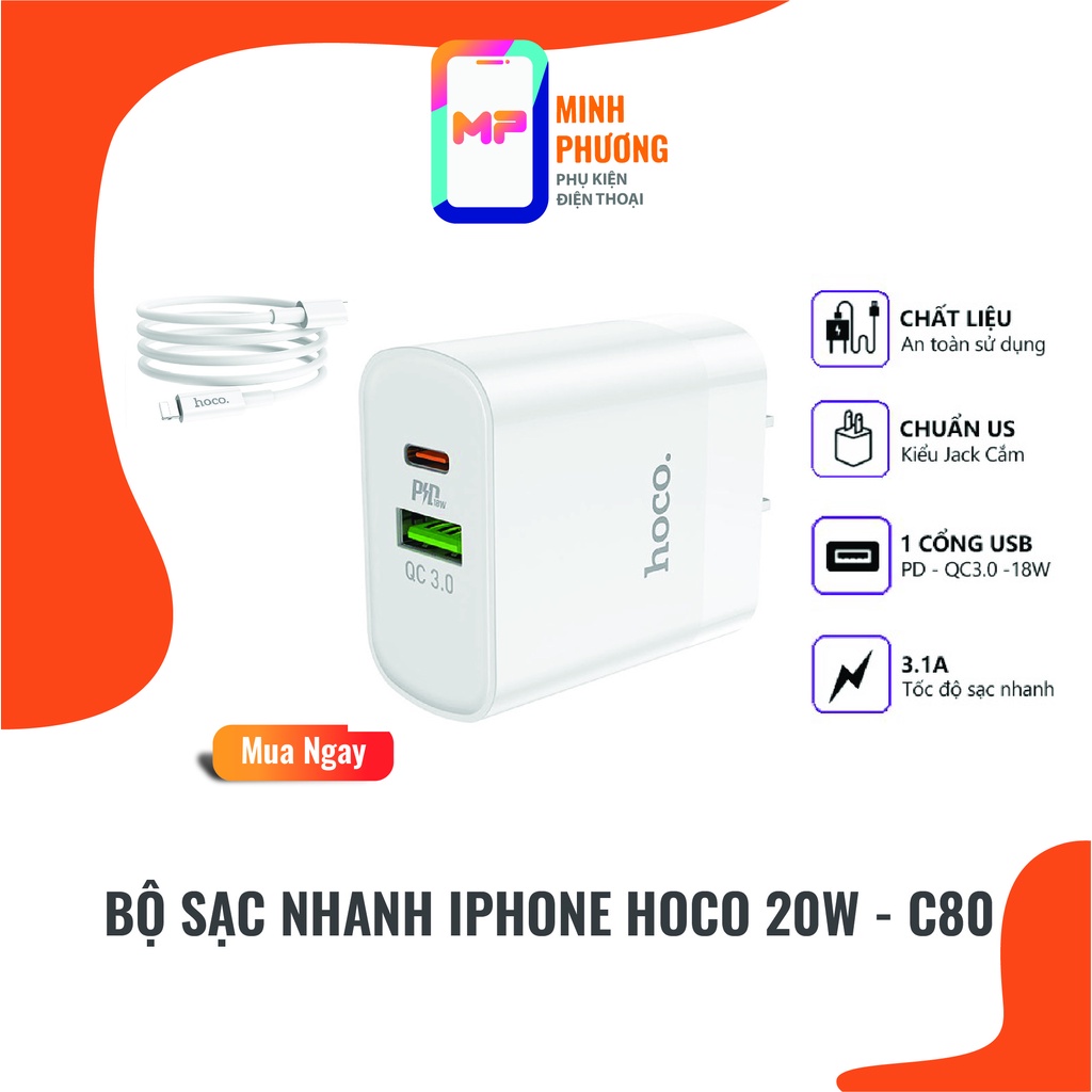 Củ và Cap Sạc Nhanh IP18W QC 3.0 Hoco C80-Củ Sạc Kèm Dây Sạc Chân Sạc Siêu Nhanh Đời 11/12/XsMax/13