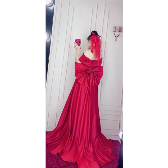 ĐẦM CƯỚI BẸT VAI XẾP LY KÈM NƠ LƯNG ĐUÔI THƯỚT THA fullsize S/M/L/XL ( trắng và đỏ ) viideo và ảnh do chủ tự quay 10000%