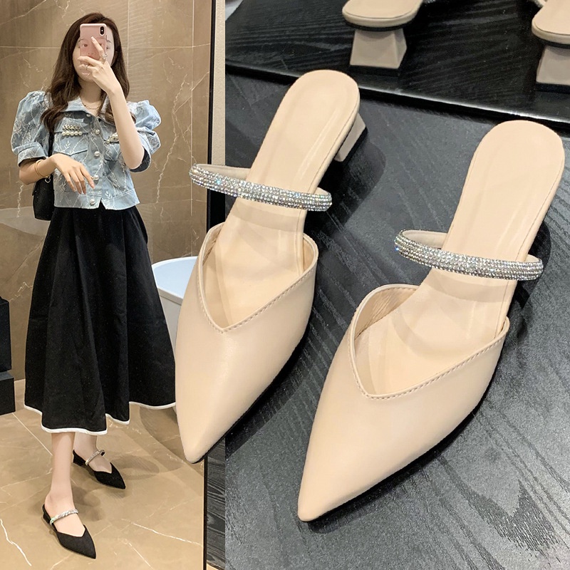 Dép mũi nhọn IELGY gót dày đính đá thời trang cho nữ