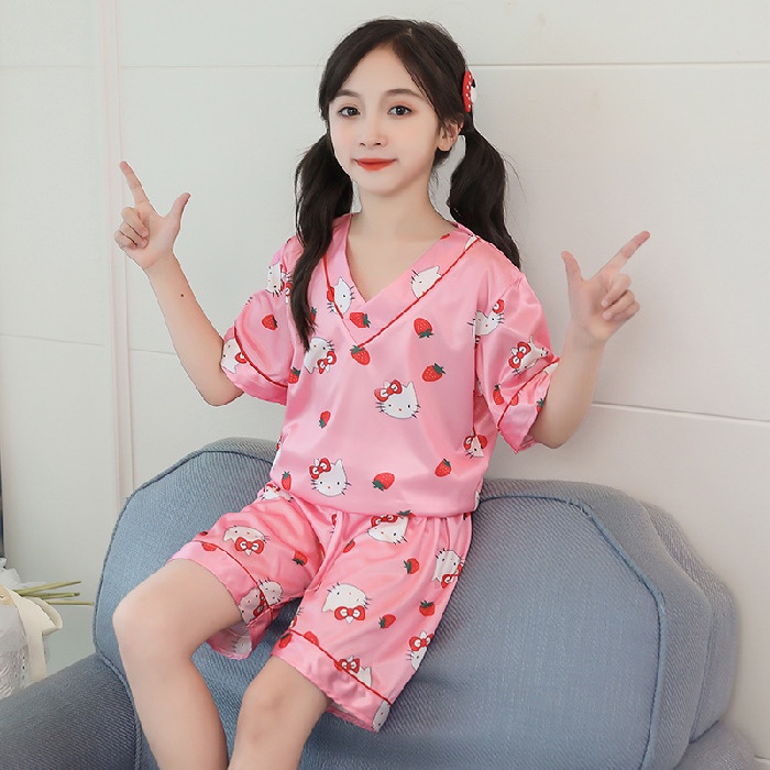 Bộ Đồ Ngủ Ngắn Tay Bằng Lụa Ngọt Ngào Dành Cho Bé Gái