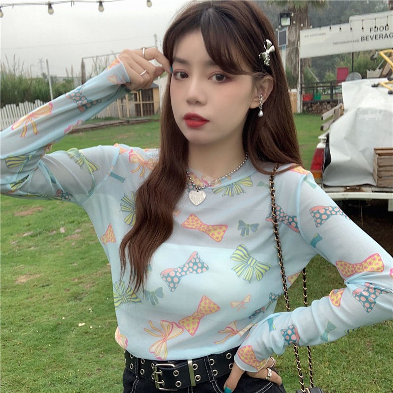 Spot sale sunscreen clothing women's summer 2021 new net yarn bottoming shirt with a thin blouse long-sleeved t-shirt ice silk top