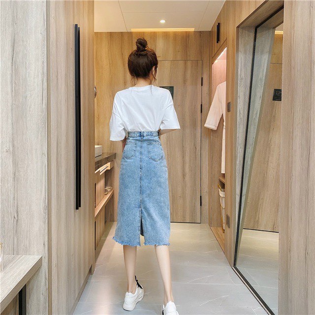 Chân váy bò nữ xẻ sau, chân váy bò nữ dáng dài