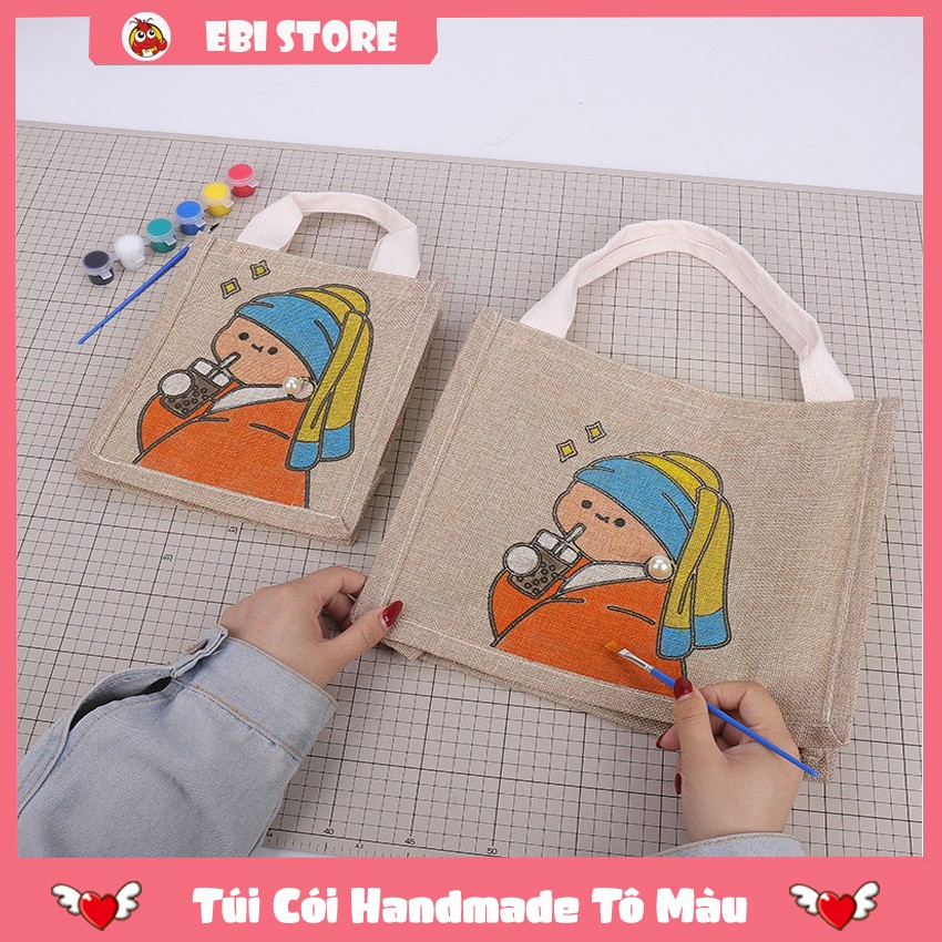Túi Handmade ❤️ Ebi Store - Freeship ❤️ Túi cói Vintage đầu đủ bút lông, hộp màu tô tranh hình vẽ xinh xắn