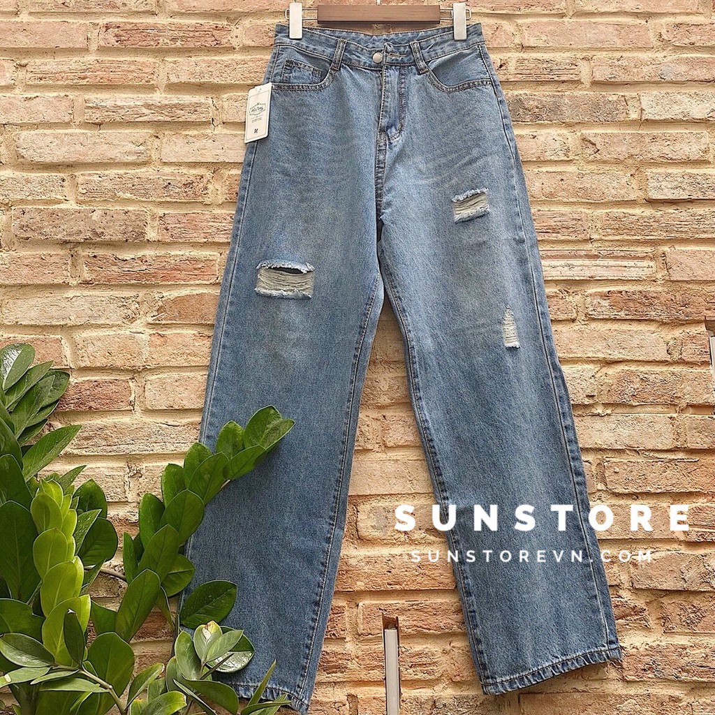 Quần jeans culottes xanh rách nhẹ jiino culottes jeans