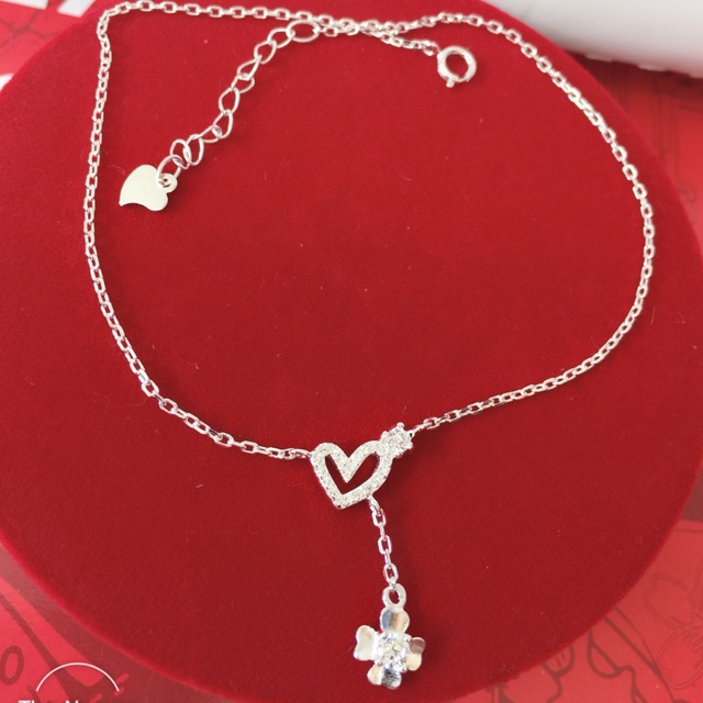 Lắc chân tim đính đá nhân tạo treo hoa bạc thật cao cấp