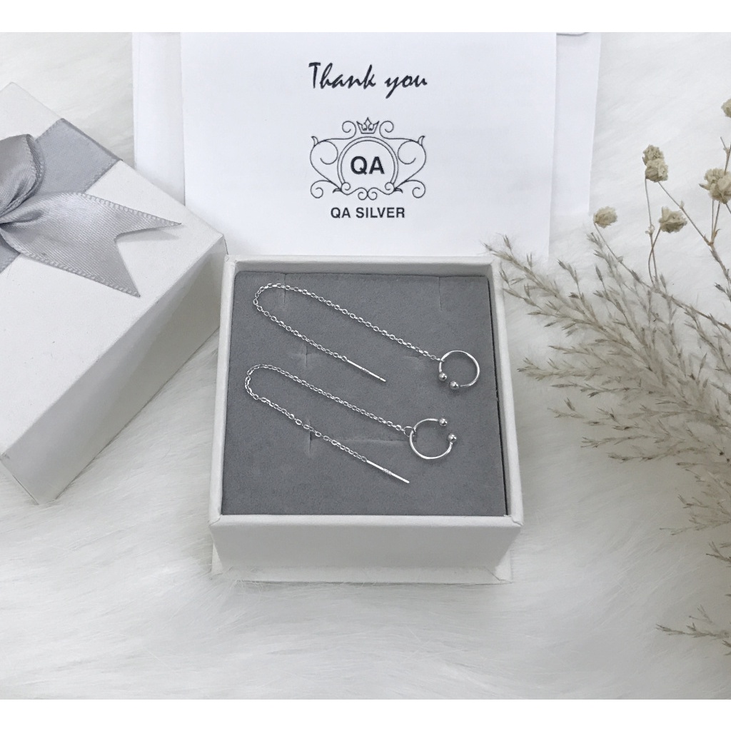 Khuyên tai bạc 925 kẹp vành chữ C bi phối dây xích bông nữ dài S925 EARCUFF Silver Earrings QA Silver EA190502