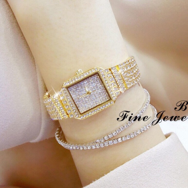 Đồng Hồ Nữ BEESISTER BS14 Mặt Vuông Đính Full Đá Siêu Đẹp Dây Thép Không Gỉ