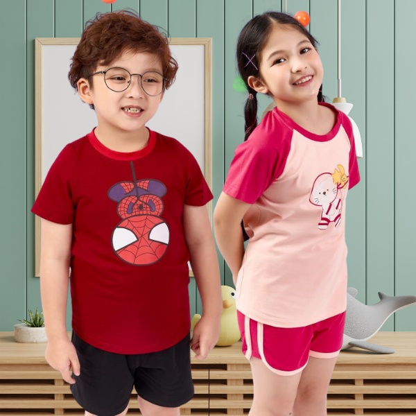 Đồ bộ quần áo thun cotton ngắn tay cho bé trai, bé gái mặc nhà mùa hè Econice 2022B. Size đại trẻ em 5, 6, 8, 10 tuổi