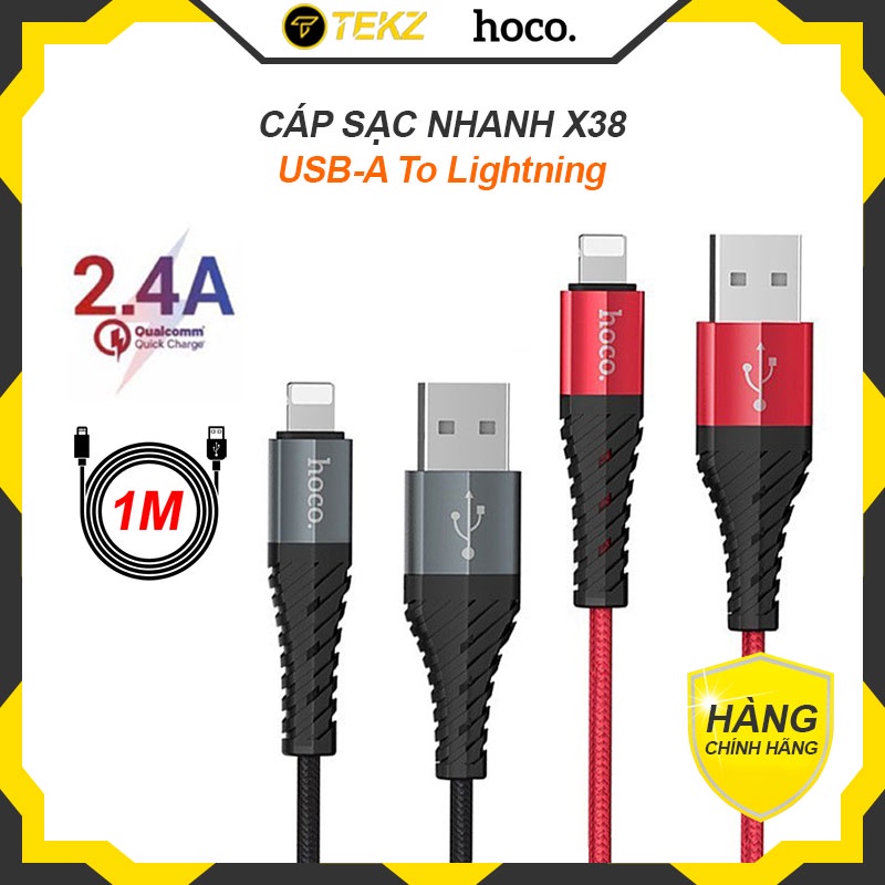 Cáp Sạc Nhanh Hoco X38 USB to Lightning, Cáp Sạc Nhanh 2.4A Dây Bện Chống Gãy, Chống Rối, Dùng Cho iPhone, iPad - Dài 1M