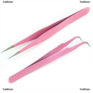 Set 2 Nhíp Uốn Cong + Thẳng Bằng Thép Màu Hồng Cho Nối Dài Lông Mi / Làm Móng Nghệ Thuật